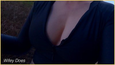 wife public cleavage masturbation in a tight T-shirt with perfect braless tits.
