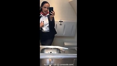 latina stewardess joins the getting off mile high club in the lavatory and finishes off